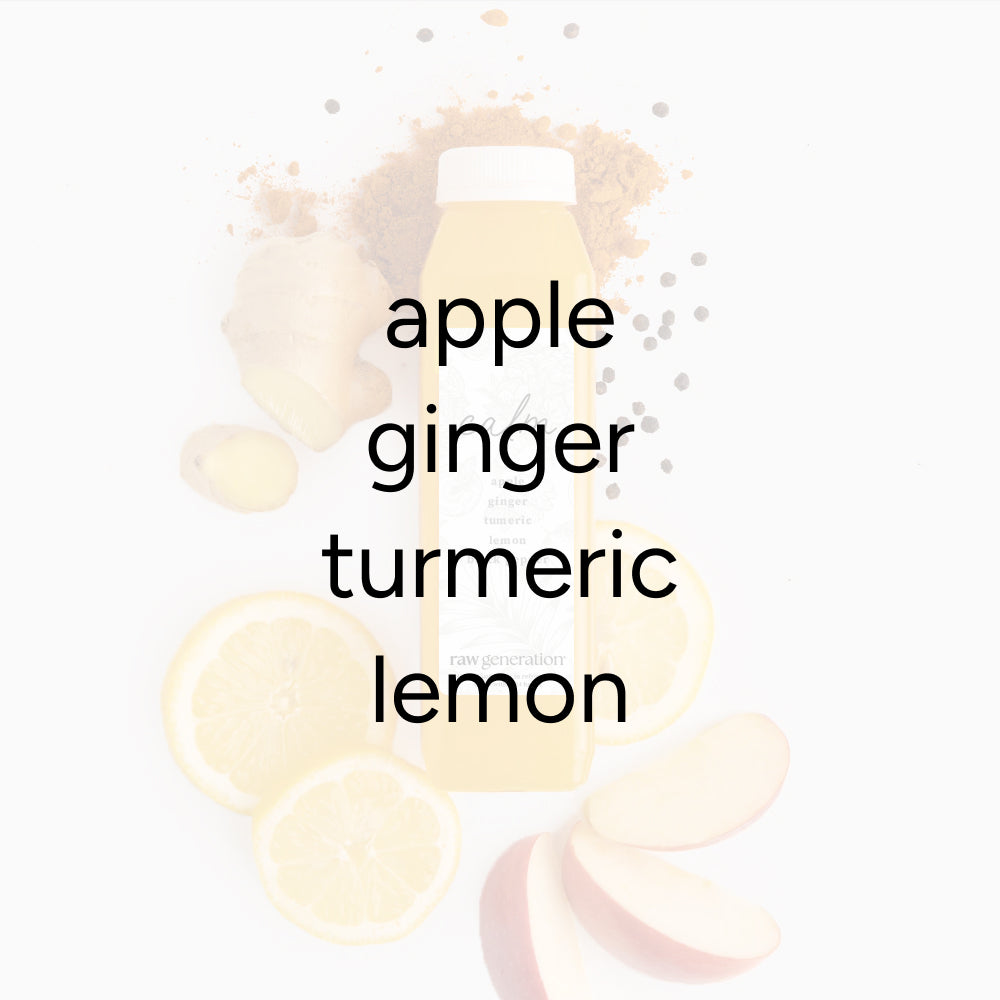 Bridal Calm cold-pressed juice bottle with apple slices, ginger root, turmeric, and lemon wedges, promoting immune support with Vitamin C and antioxidants.