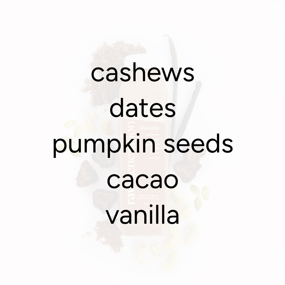 Chocolate Cashew Smoothie ingredients: cashews, dates, pumpkin seeds, cacao, and vanilla, with a Raw Generation smoothie bottle in the background.