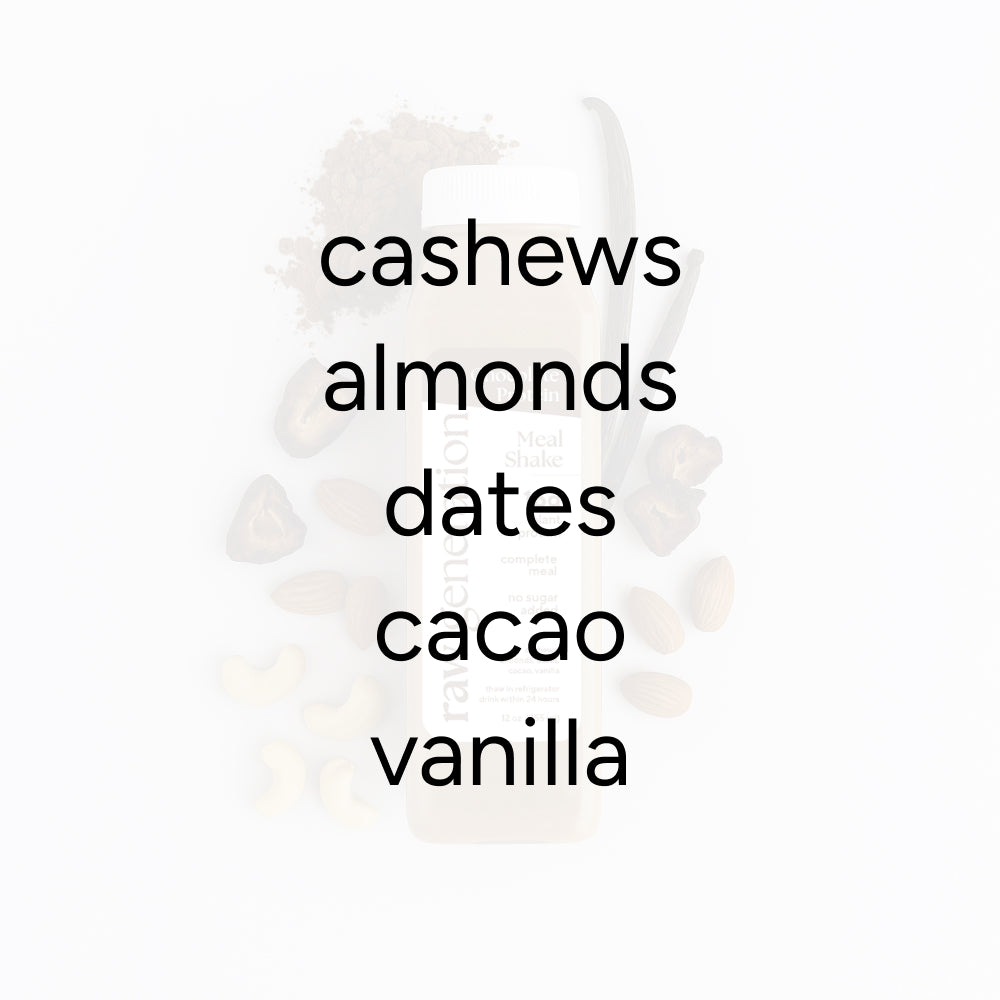 Chocolate Meal Replacement Smoothie ingredients: cashews, almonds, dates, cacao, vanilla. Background: meal-shake container, loose nuts, dates, spoon, vanilla pod, cacao powder.