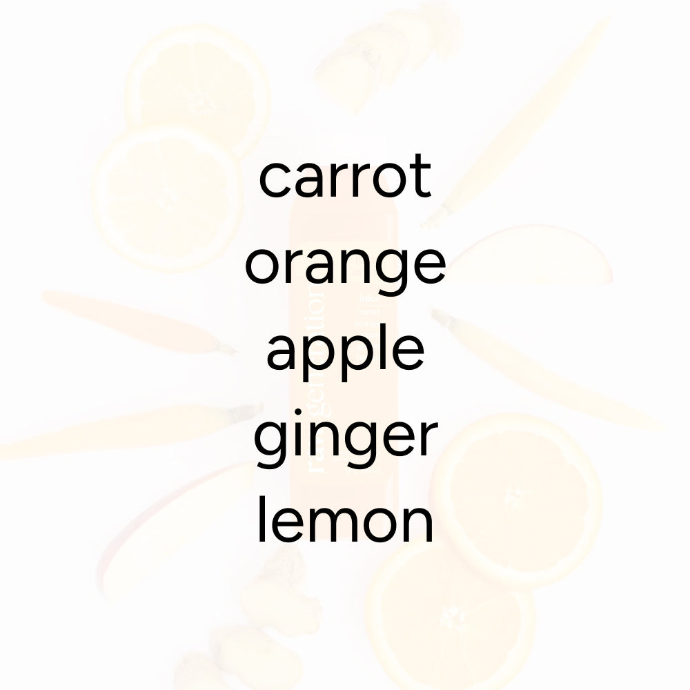 Citrus Carrot juice features carrot, orange, apple, ginger, and lemon, visually highlighted by their fresh slices, promoting immunity with 110% daily Vitamin C.