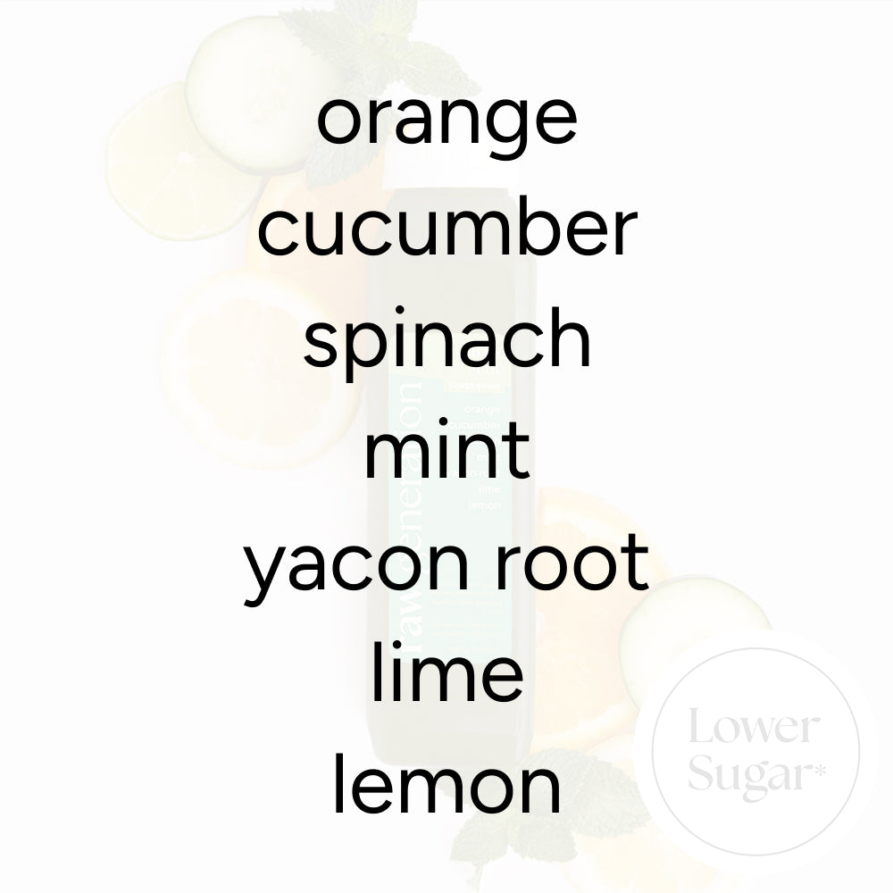 Citrus Mint Juice ingredients list overlaid on fruit slices and a Lower Sugar bottle, highlighting a refreshing, low-sugar blend of greens and citrus.