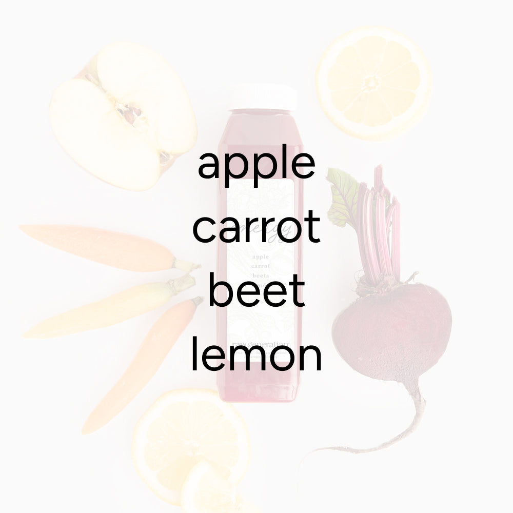 Bridal Energy juice blend surrounded by halved apple, carrots, fresh beet with greens, and lemon slices, highlighting its nutrient-rich ingredients for health and vitality.