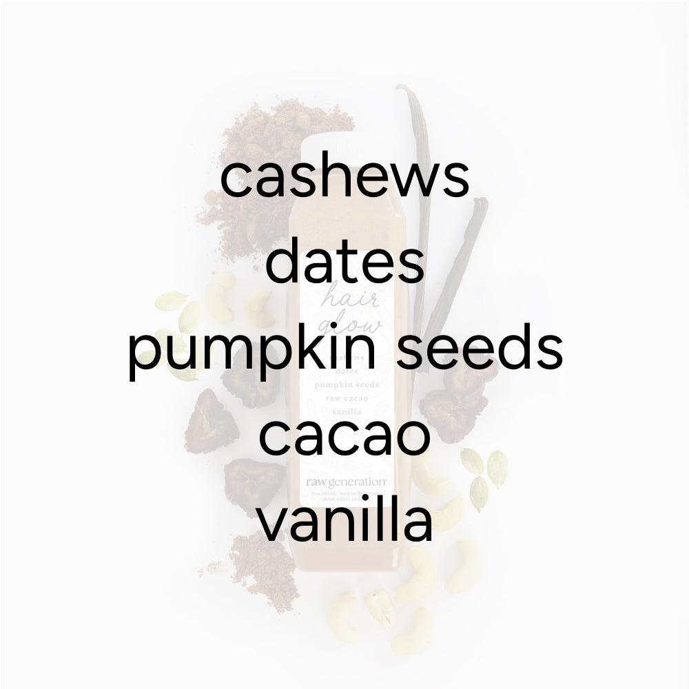 Bridal Hair Glow smoothie bottle by Raw Generation, surrounded by cashews, dates, pumpkin seeds, raw cacao powder, and vanilla pods, highlighting its wholesome ingredients and nutritional benefits.
