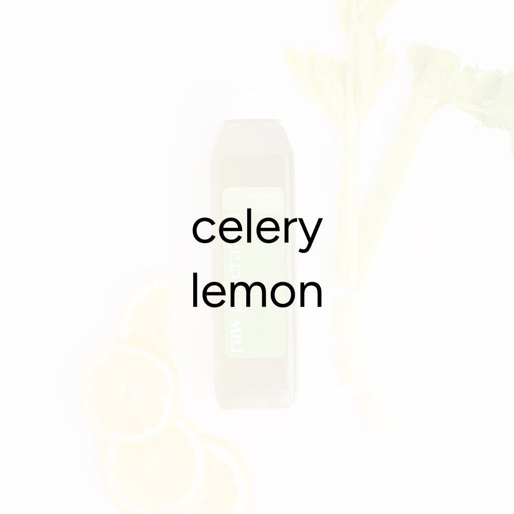 Morning Celery Juice flat-lay: bottled green juice labeled raw celery with celery stalks and lemon slices, text overlay reads “celery” and “lemon.”