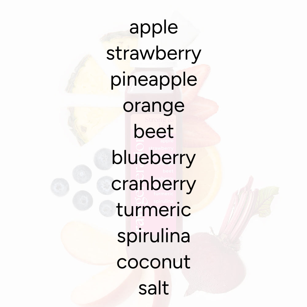 Strong & Lean cold-pressed juice ingredients list with apple, strawberry, pineapple, orange, beet, blueberry, cranberry, turmeric, spirulina, coconut, and salt, supporting workouts and muscle recovery.