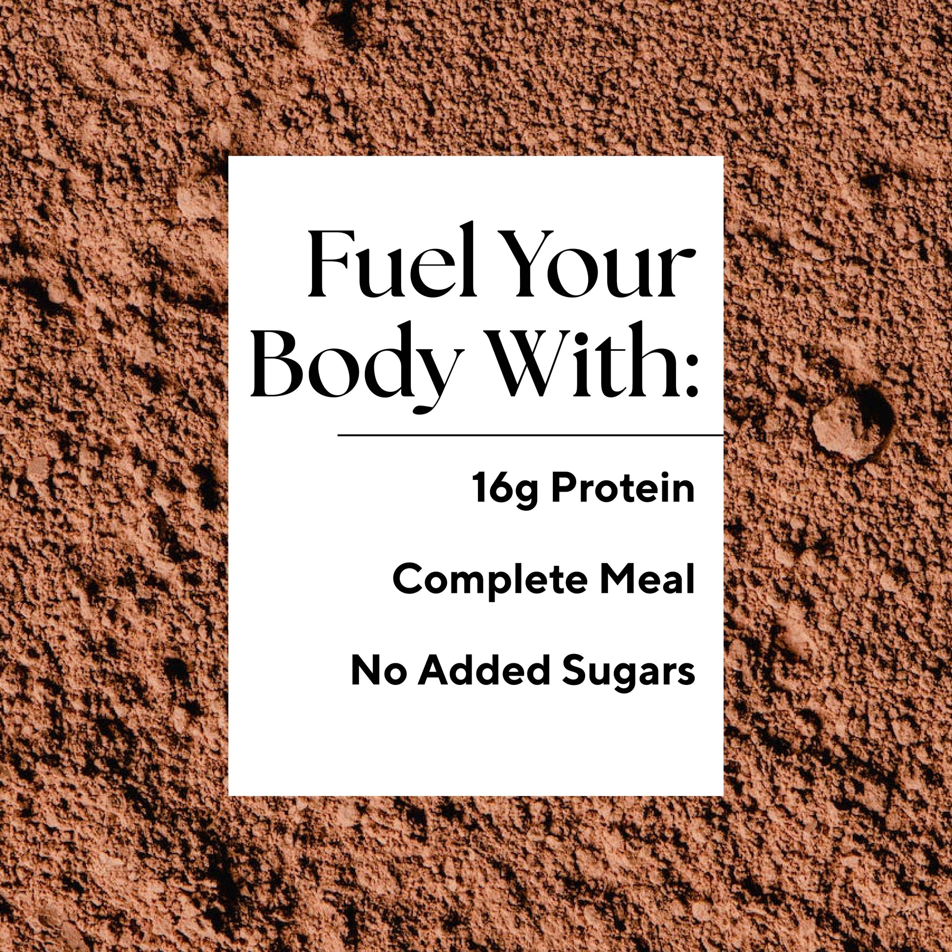 Chocolate Meal Replacement Smoothie promotional graphic highlighting 16g protein, complete meal, and no added sugars against a cocoa-like background.