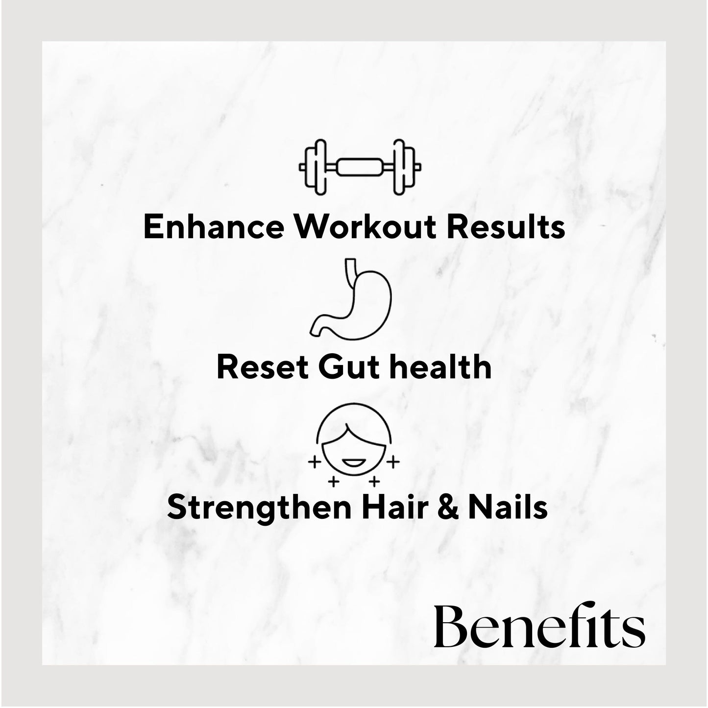 Image showcasing three benefits: Enhance Workout Results with a dumbbell, Reset Gut Health with plant protein shown by a stomach, and Strengthen Hair & Nails with a smiling face. Background features a light marble texture for that healthy vibe—Peanut Butter Cup Smoothie by Raw Generation.