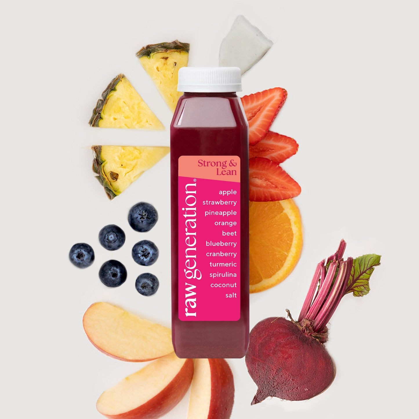 Strong & Lean pre-workout juice bottle surrounded by fresh fruits and vegetables, including apple, orange, pineapple, and blueberries, emphasizing natural ingredients for enhanced workout performance.