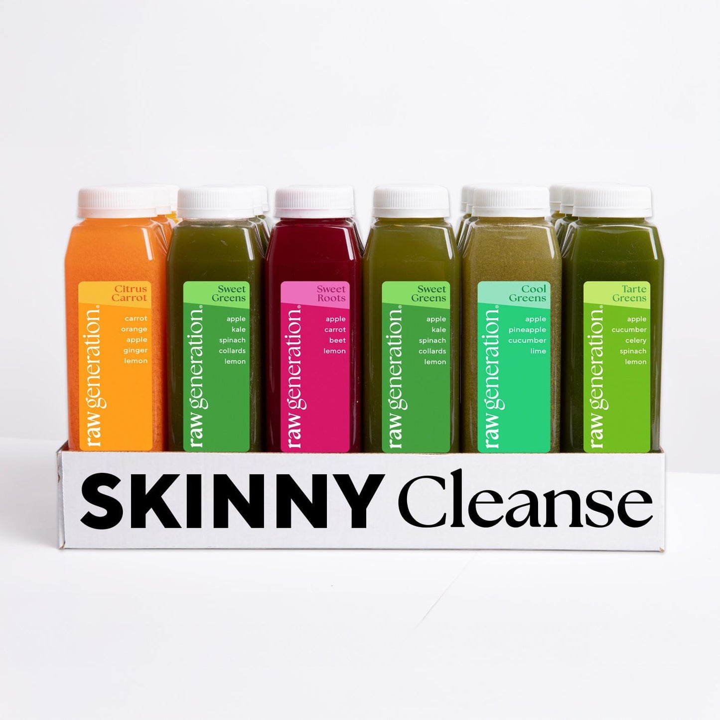 Skinny Cleanse® bottle promoting nutrient-rich detox, aiding in weight loss and reducing bloating, positioned as a convenient juicing alternative.