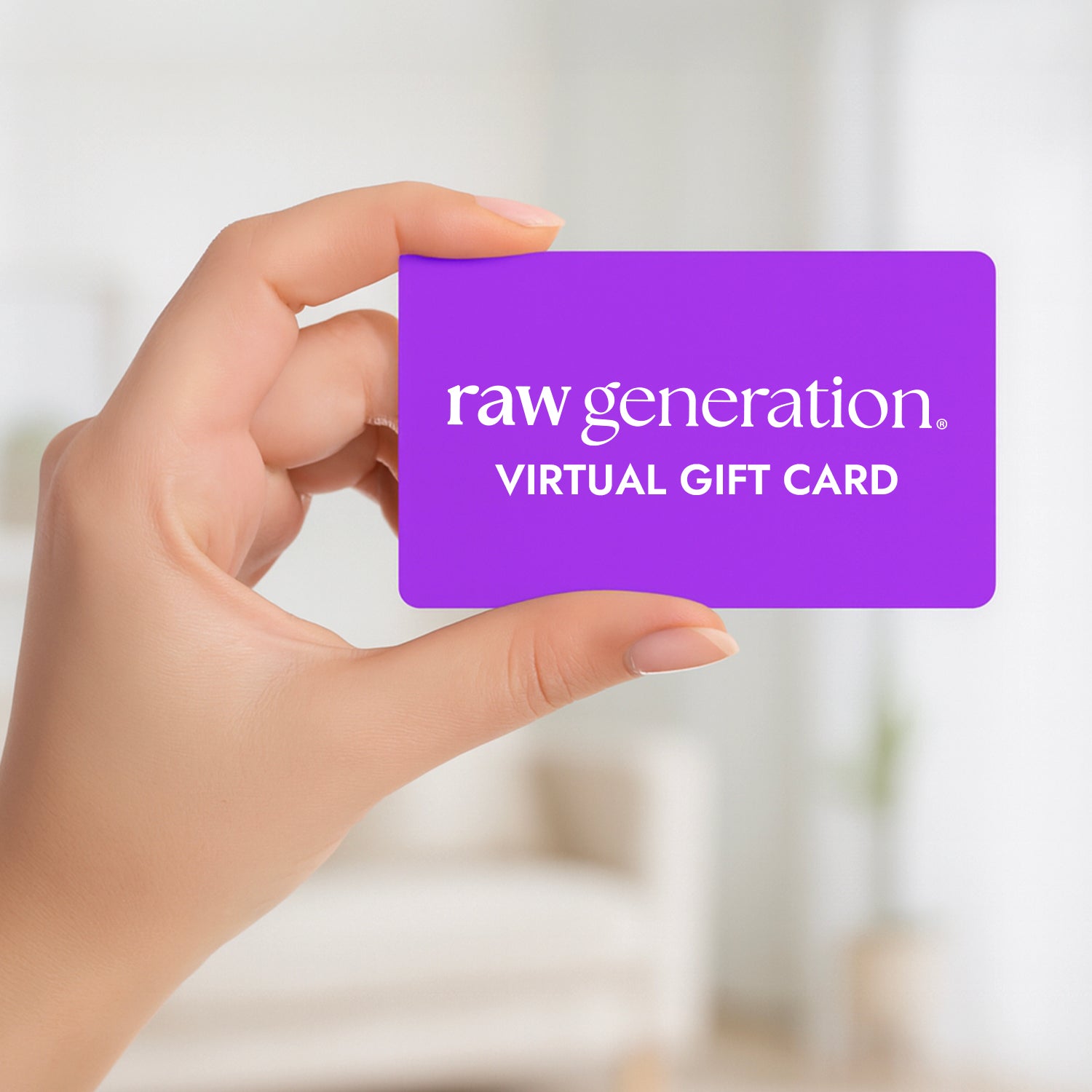 Close-up of a hand holding a Gift Card with raw generation and VIRTUAL GIFT CARD printed on it, highlighting its digital convenience.