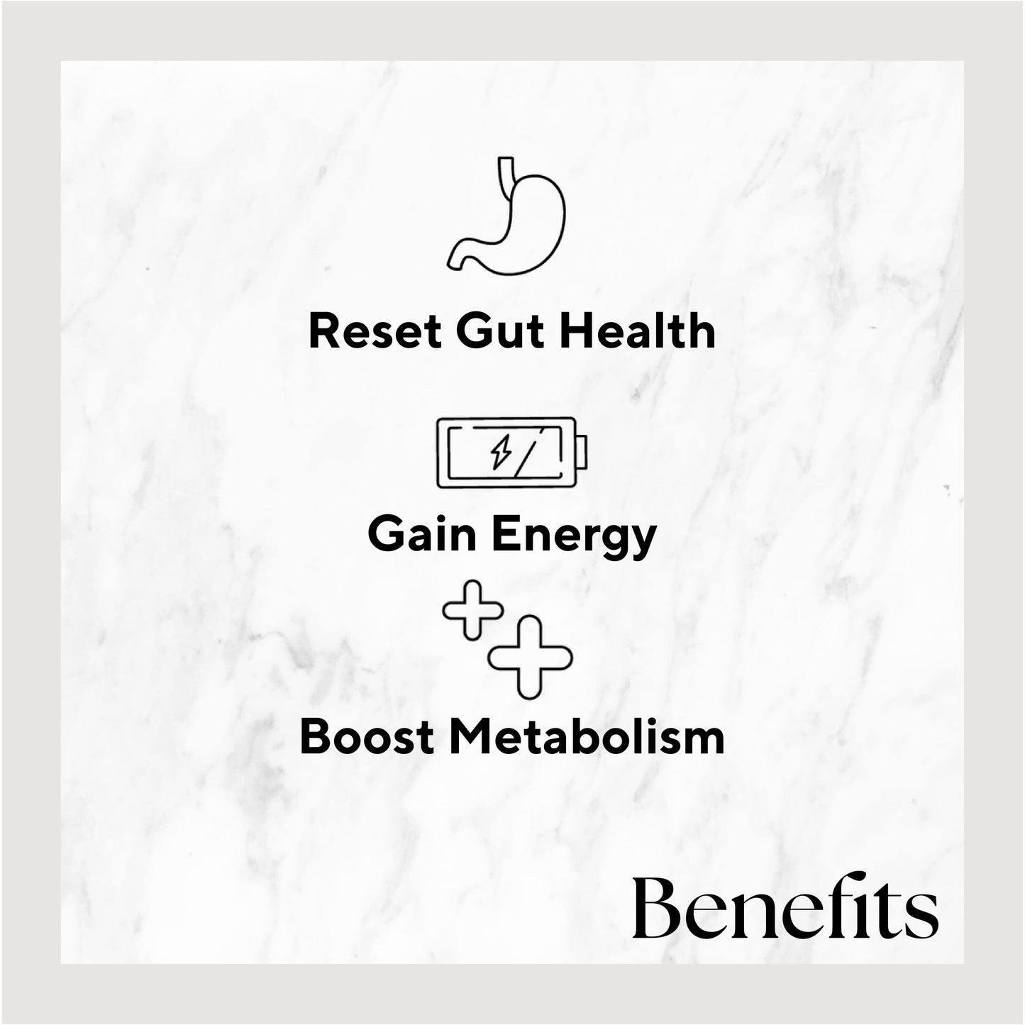 The Cookies & Cream Smoothie by Raw Generation features a minimalist design with icons of a stomach, battery, and plus signs. Text reads: Reset Gut Health, Gain Energy, and Boost Metabolism through plant-based protein. Title: Benefits. Set against a marble background.
