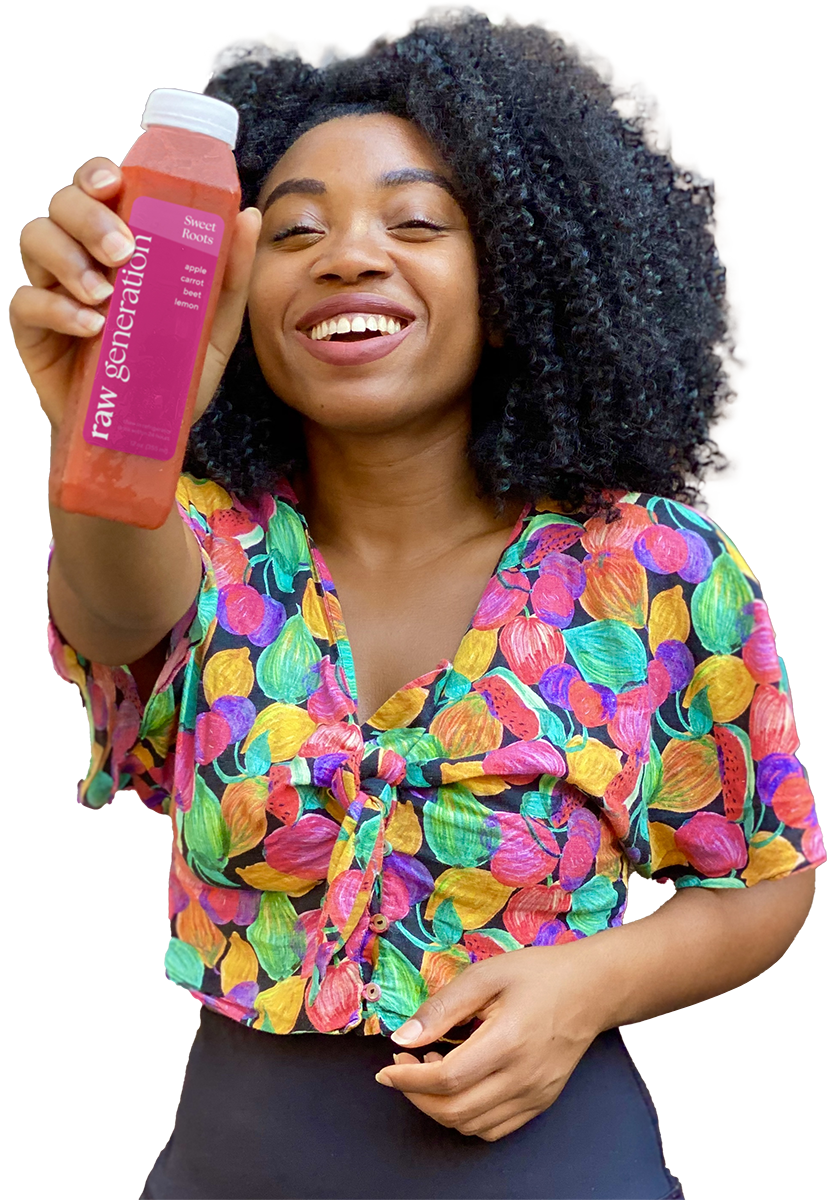 Woman with a bottle of Sweet Roots, part of the Skinny Cleanse