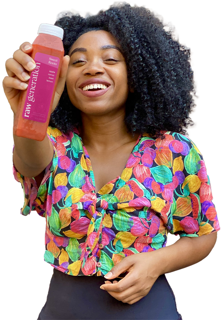 Woman with Raw Generation Sweet Roots juice