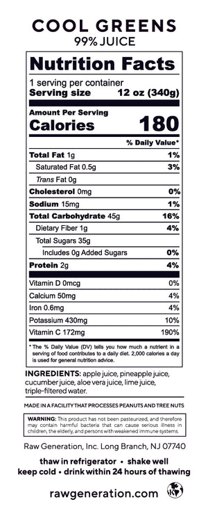 Cool Greens nutrition facts label