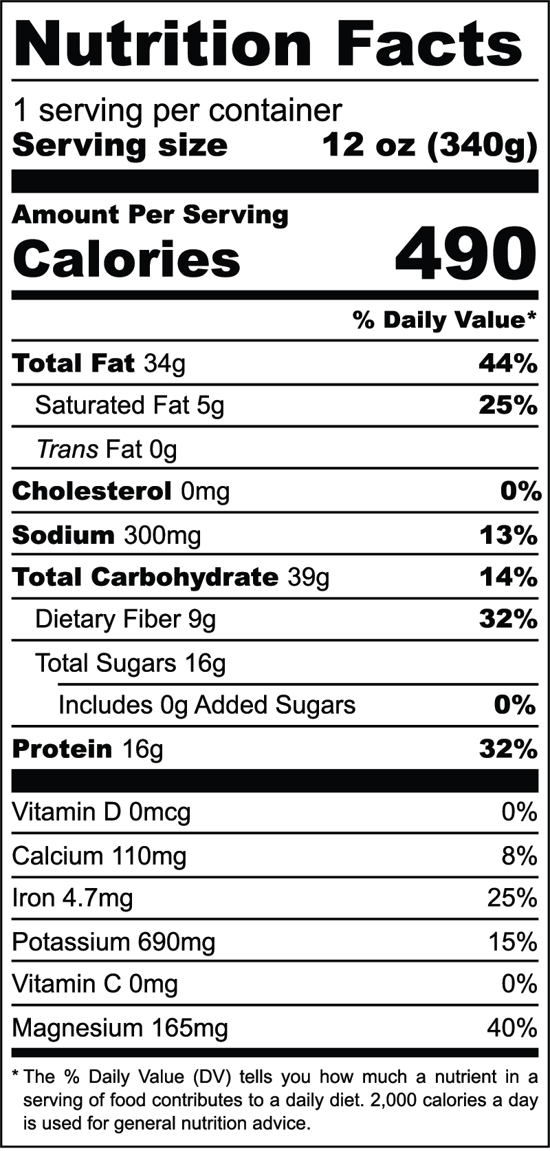 Chocolate Meal Replacement Smoothie Nutrition Facts: 490 calories, 16g protein, 34g fat, 39g carbs per 12oz serving; designed as a clean, complete meal replacement.