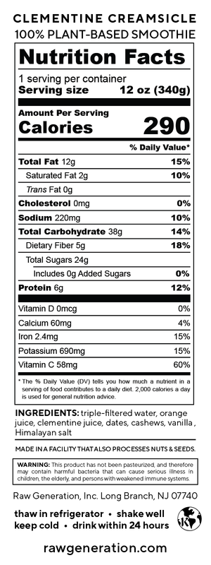Clementine Creamsicle nutrition facts label