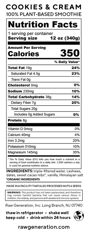 Cookies and Cream nutrition facts label