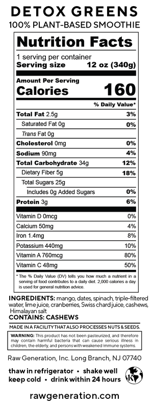 Detox Greens nutrition facts label