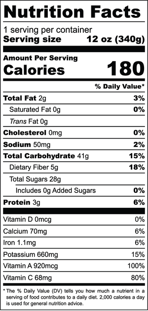 Mango Carrot nutrition facts label