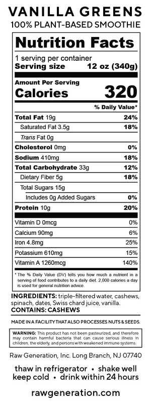 Vanilla Greens nutrition facts label