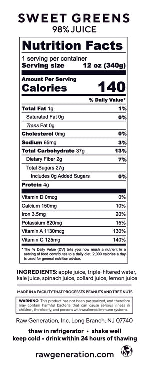 Sweet Greens nutrition facts label