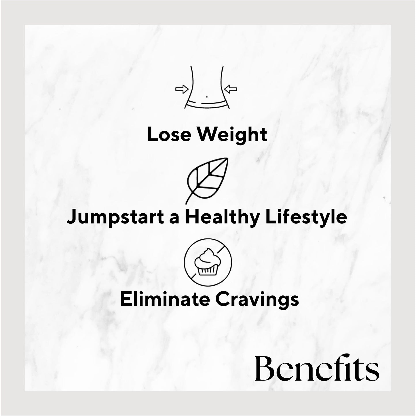 Infographic listing the Benefits of the product: Lose weight, Jumpstart a Healthy Lifestyle and Eliminate Cravings.