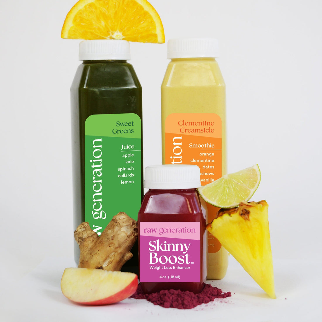 sweet greens, clementine creamsicle smoothie, and a skinny boost shot with fruit