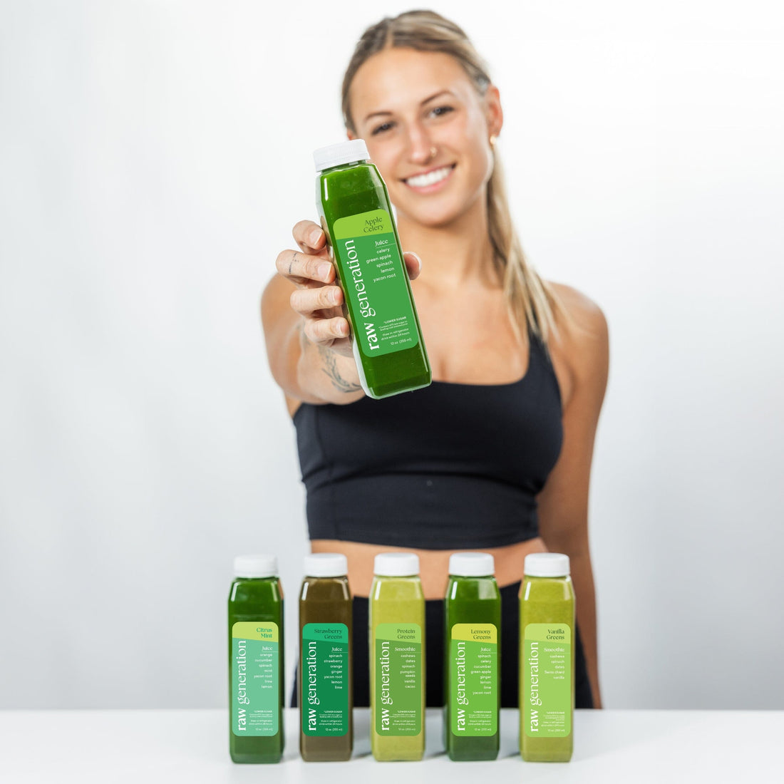 girl with green juices and smoothies