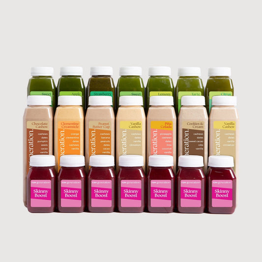 Bottles of Stay Skinny Method™ juices, showcasing an array of raw, nutrient-rich beverages designed to support natural weight loss and healthy lifestyle choices.