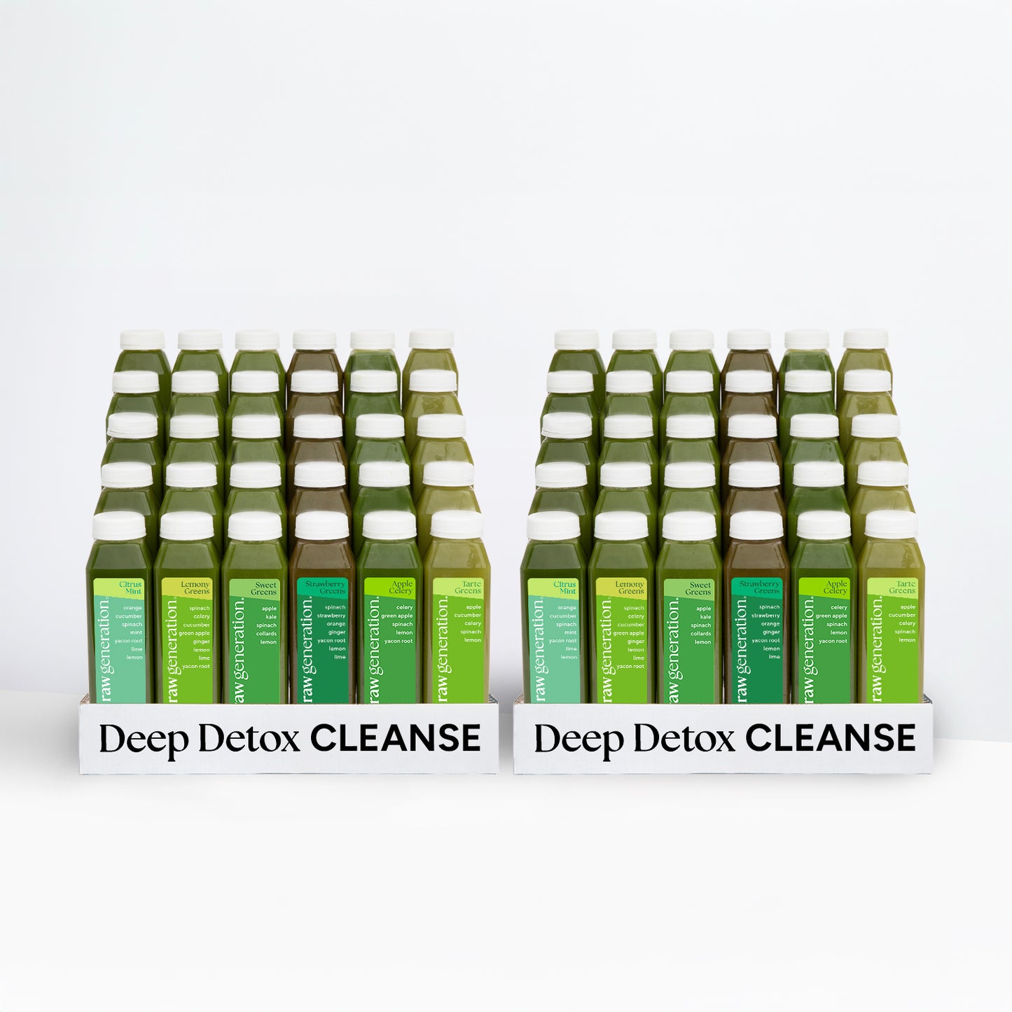 Deep Detox Cleanse featuring two trays of 24 “raw generation” green juice bottles, promoting weight loss, energy boost, and reduced cravings.