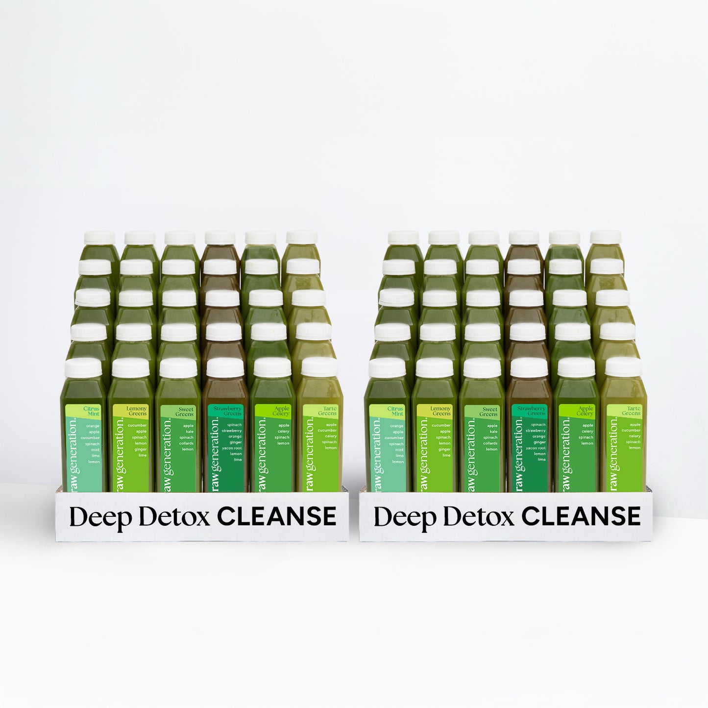 Deep Detox Cleanse trays with 30 bottles each, featuring various green juice blends by Raw Generation, promoting detoxification and a healthier lifestyle.