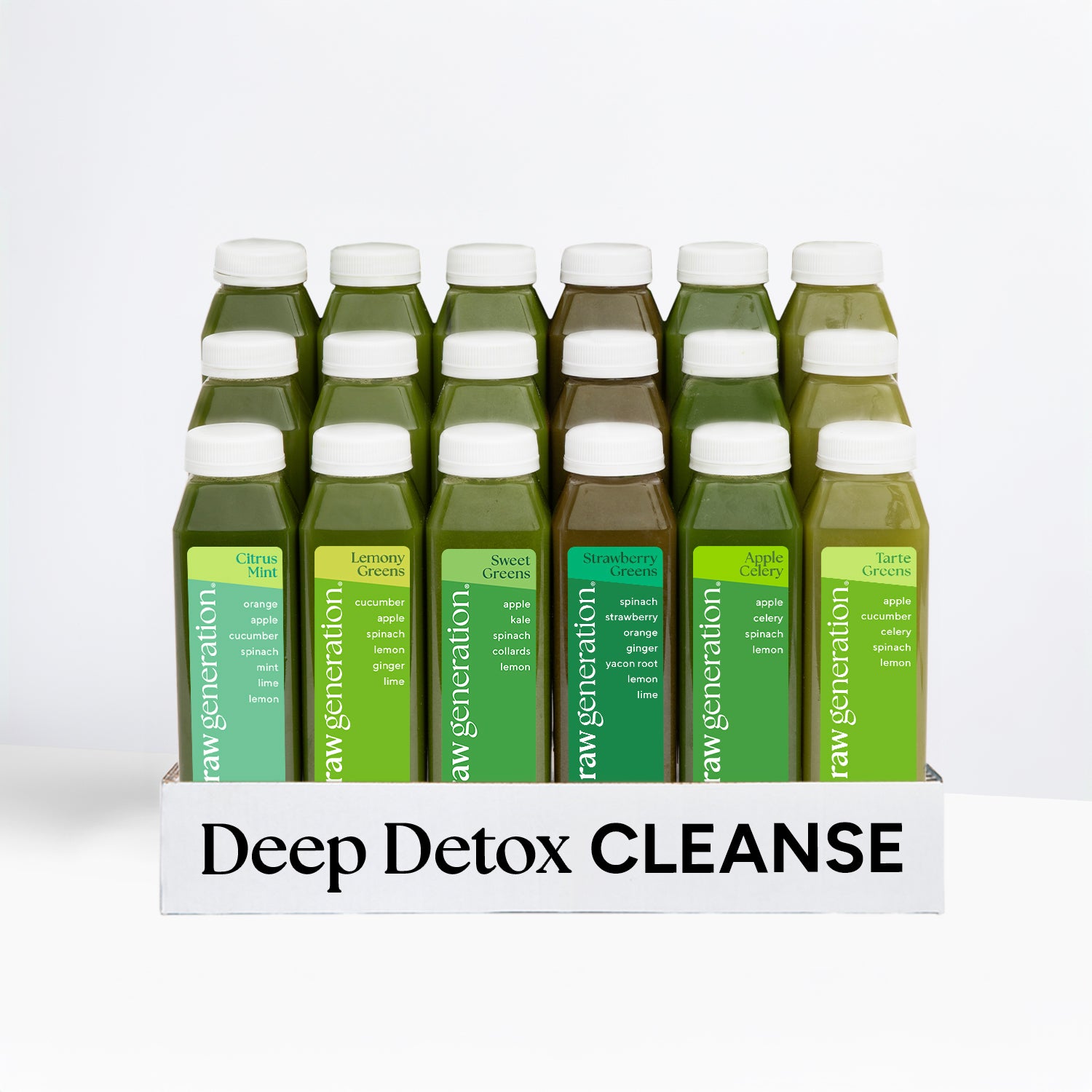 Deep Detox Cleanse features 18 bottles of green juice, including Citrus Mint, Lemony Greens, and Sweet Greens, promoting detoxification, energy boost, and healthier dieting.