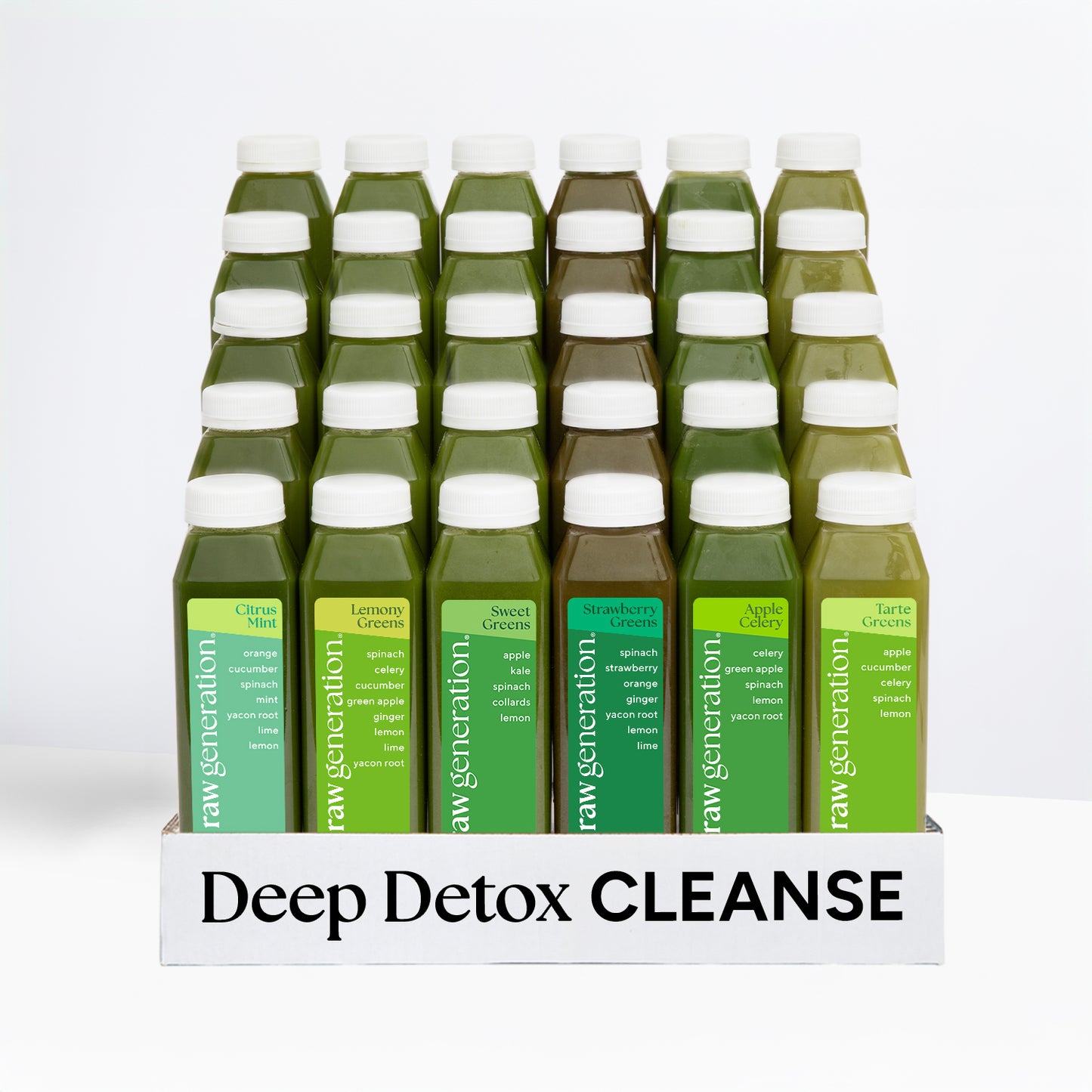 Deep Detox Cleanse kit with 24 green juice bottles, featuring flavors like Citrus Mint, Lemony Greens, and Sweet Greens, promoting detoxification and energy boost.