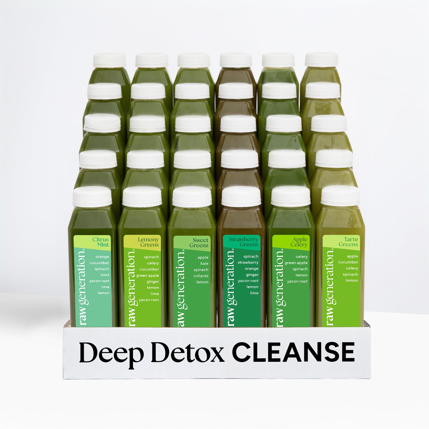 Deep Detox Cleanse kit with 24 green juice bottles, featuring flavors like Citrus Mint, Lemony Greens, and Sweet Greens, promoting detoxification and energy boost.