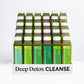 Deep Detox Cleanse features a 5x4 grid of small bottles with green juices, labeled “raw generation,” promoting weight loss and energy boost.