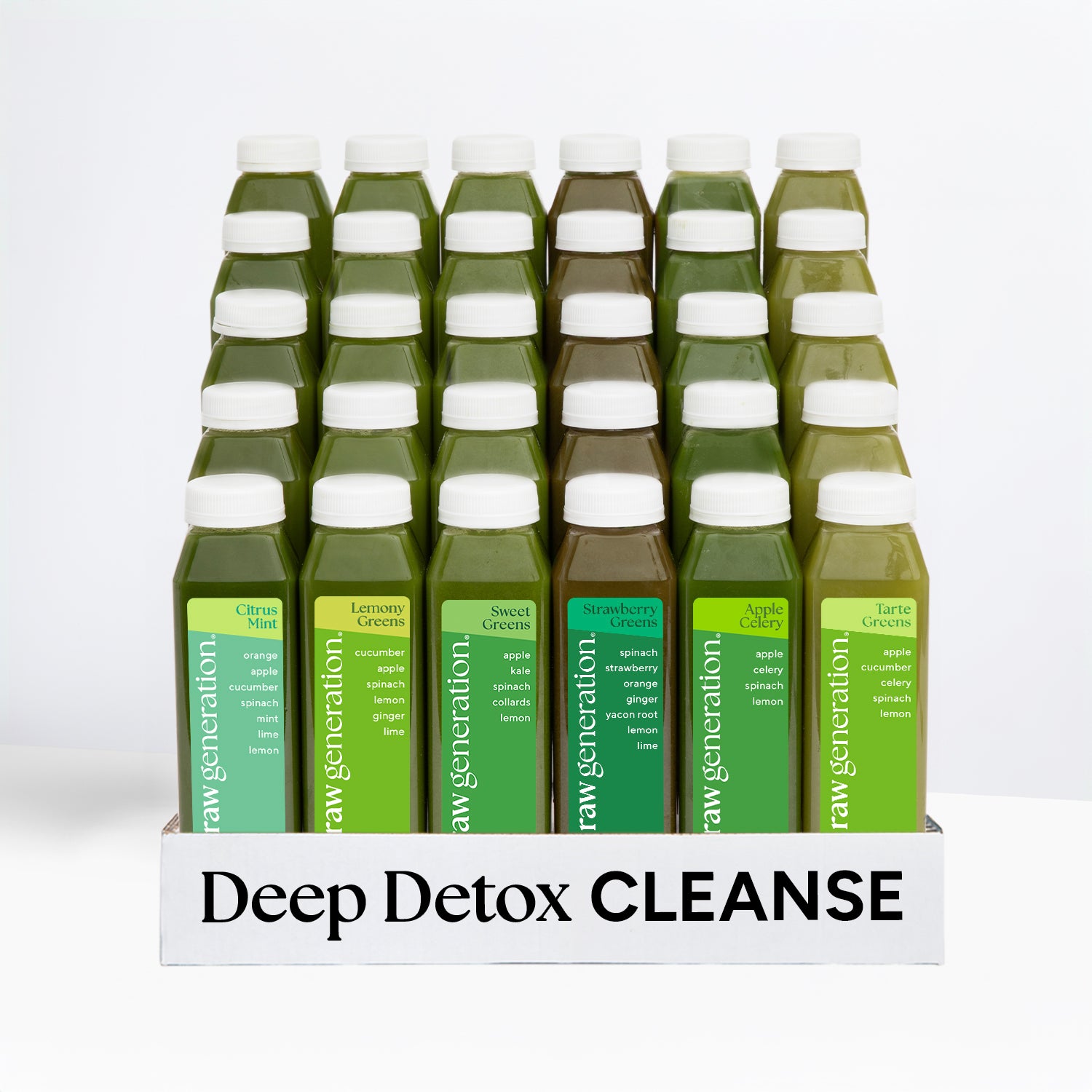 Deep Detox Cleanse features a 5x4 grid of small bottles with green juices, labeled “raw generation,” promoting weight loss and energy boost.