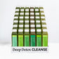 Deep Detox Cleanse kit with five rows of labeled green juice bottles, each listing ingredients like spinach and apple, promoting detox and energy.