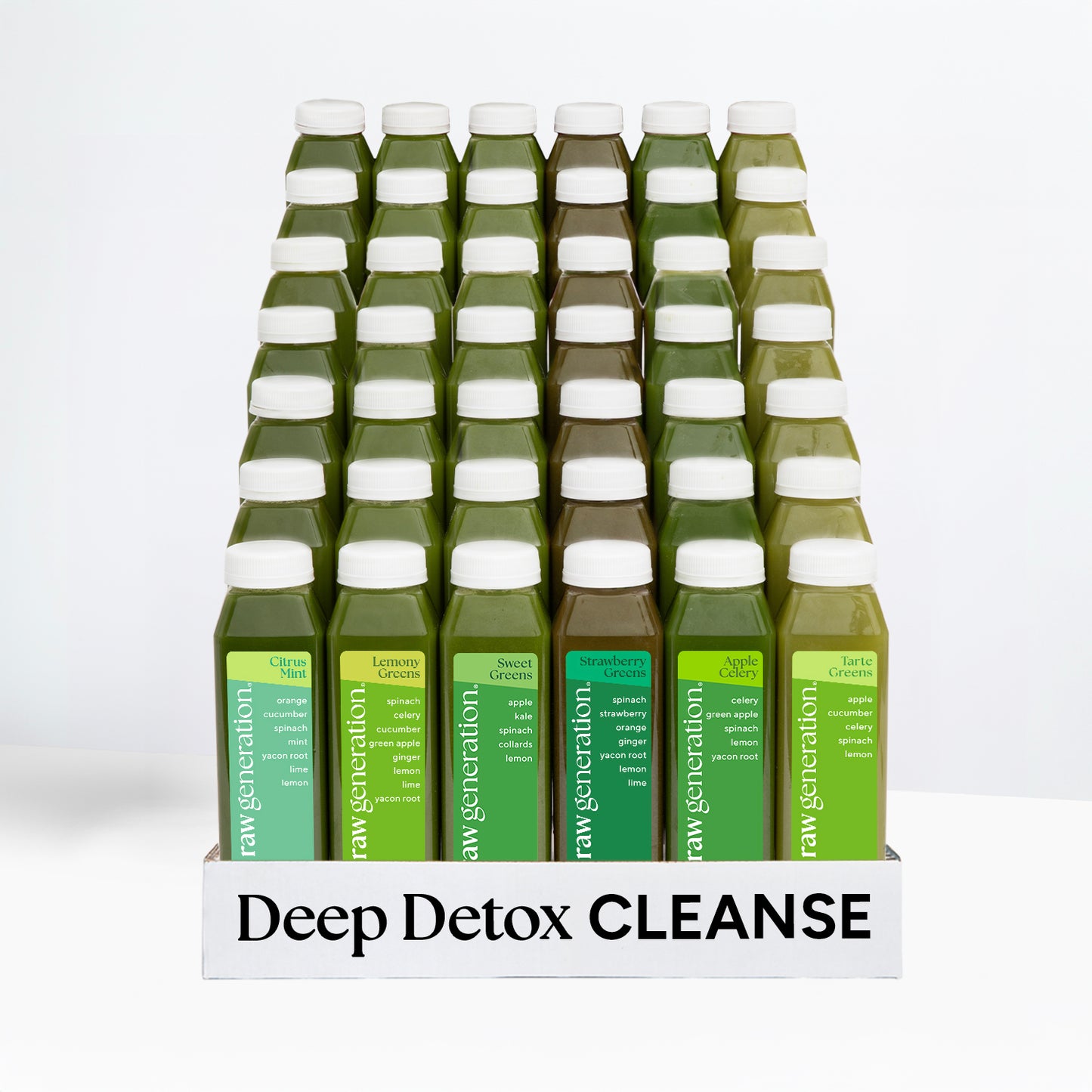 Deep Detox Cleanse kit with five rows of labeled green juice bottles, each listing ingredients like spinach and apple, promoting detox and energy.