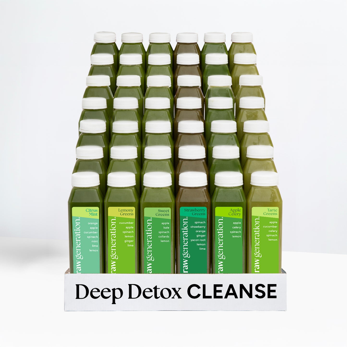 Deep Detox Cleanse tray with 30 cold-pressed green juices in Citrus Mint, Lemony Greens, Sweet Greens, and more, promoting detoxification and energy boost.