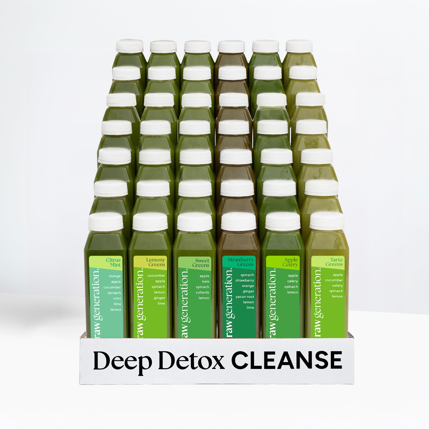 Deep Detox Cleanse tray with 30 cold-pressed green juices in Citrus Mint, Lemony Greens, Sweet Greens, and more, promoting detoxification and energy boost.