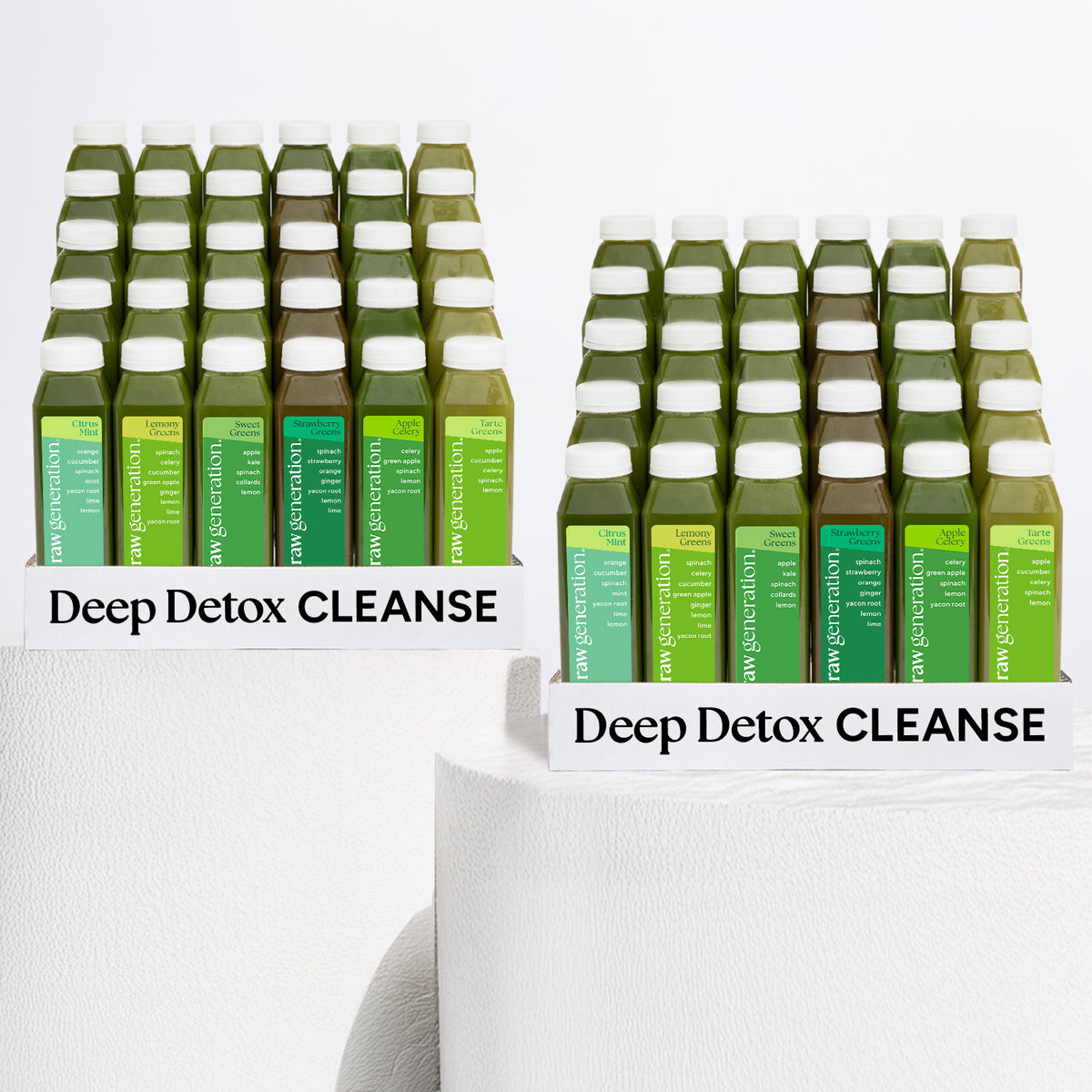 Cleanse for 2: Two identical Deep Detox CLEANSE kits with assorted green juice bottles from raw generation