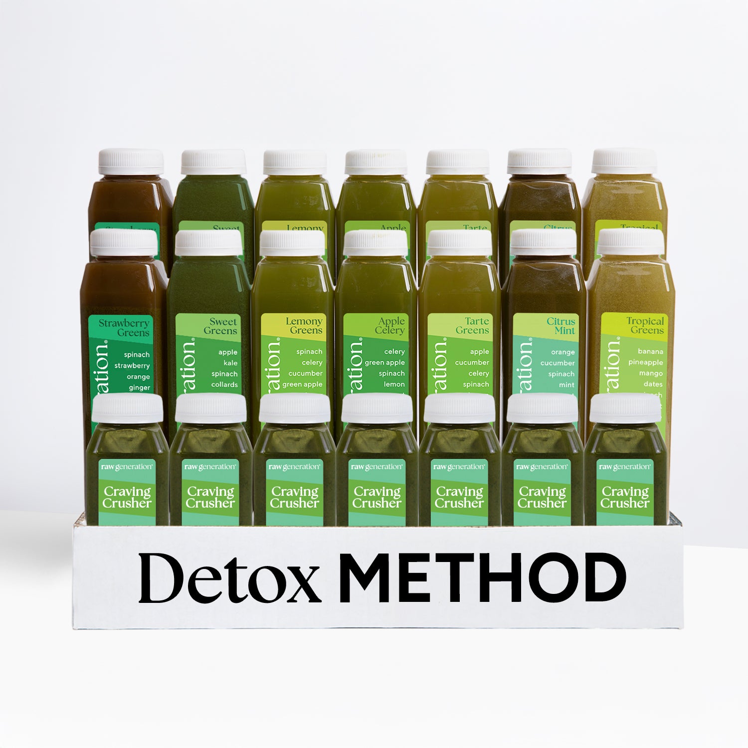 Detox Method kit with 20 bottles of assorted green juices, featuring blends like Strawberry Greens, Citrus Mint, and Tropical Greens for a multi-day cleanse.