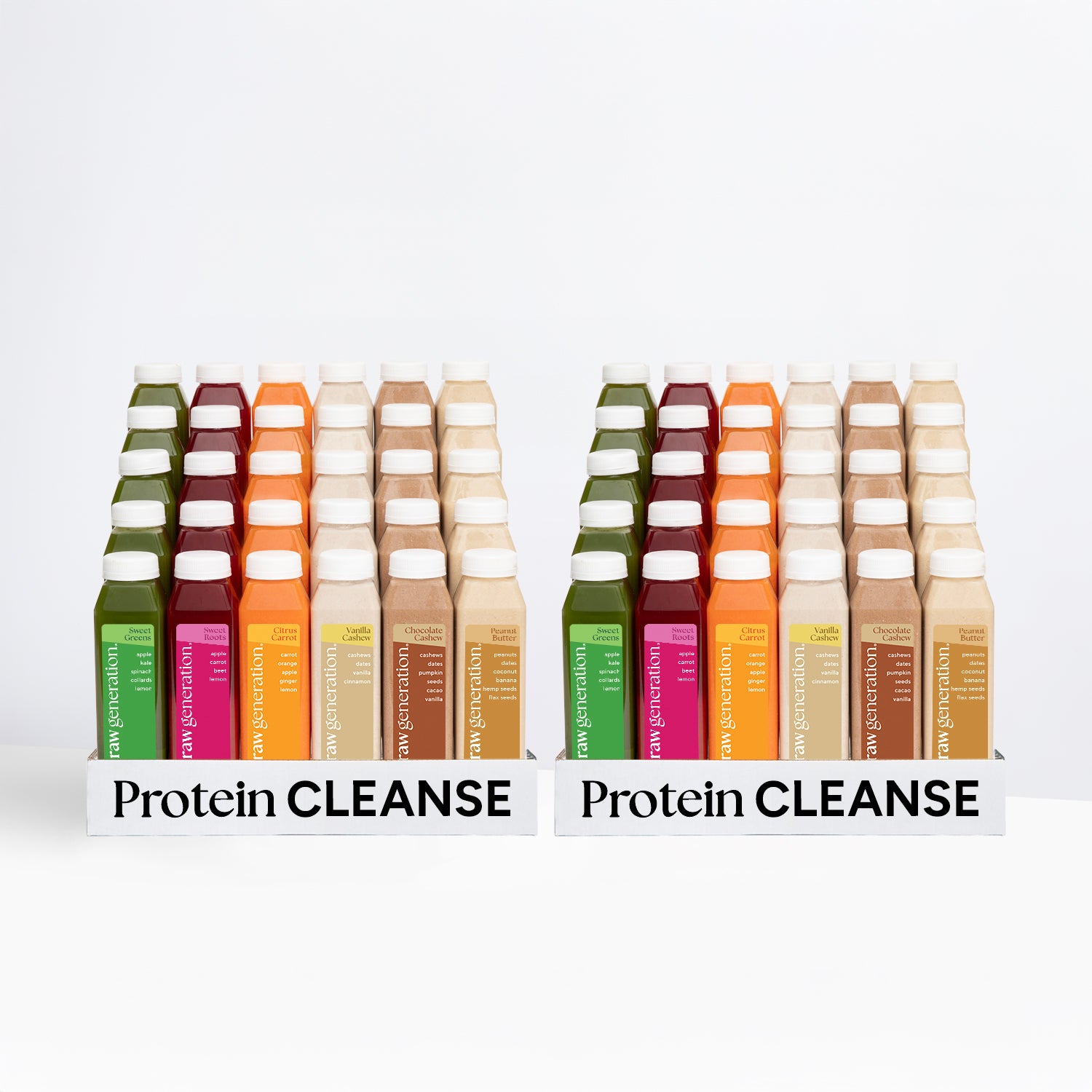 Protein Cleanse countertop displays with 30 raw generation bottles in diverse flavors, designed for fast weight loss, muscle tone, and diet reset.