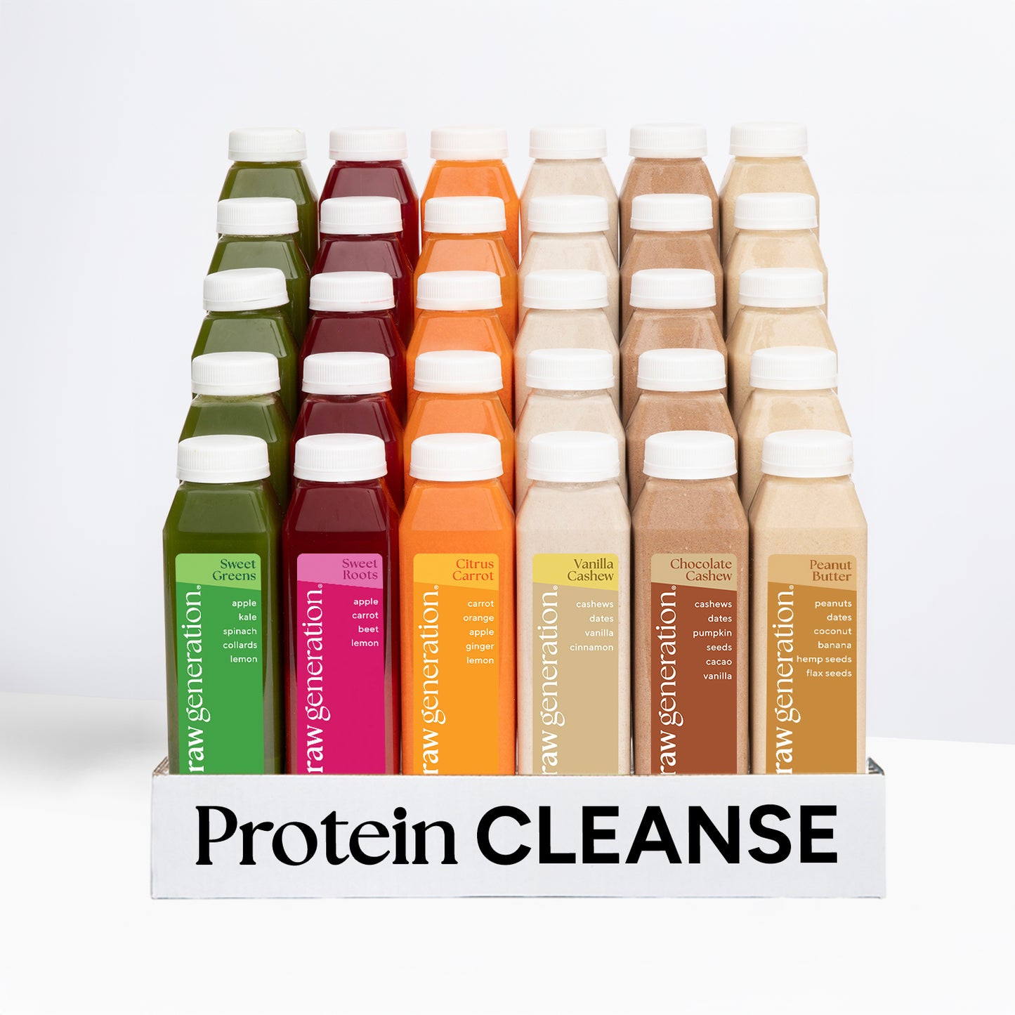 Protein Cleanse display featuring bottles of six flavors: Sweet Greens, Sweet Roots, Citrus Carrot, Vanilla Cashew, Chocolate Cashew, and Peanut Butter. Supports weight loss and muscle tone.