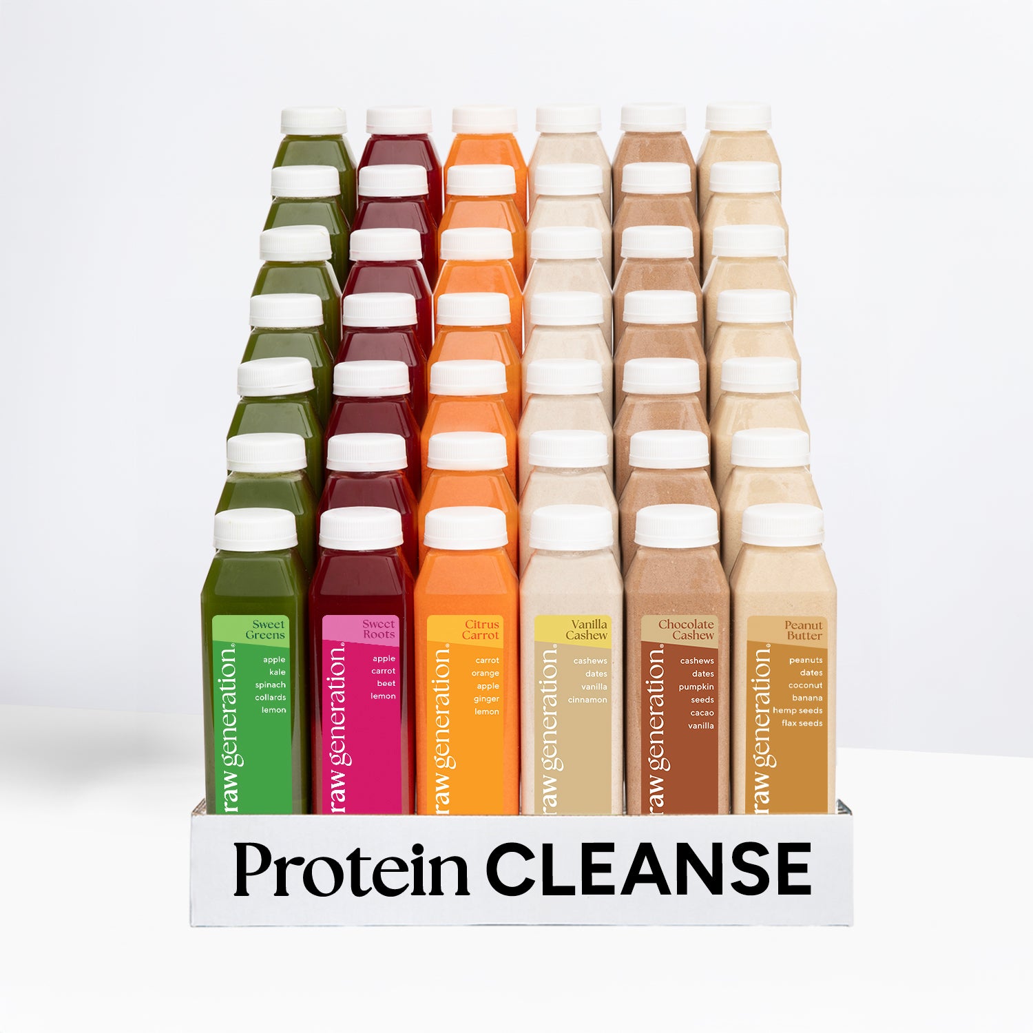 Display of Raw Generation's Protein Cleanse drinks in six flavors, emphasizing nutritionist-designed solutions for weight loss and muscle tone, arranged in a labeled tray.