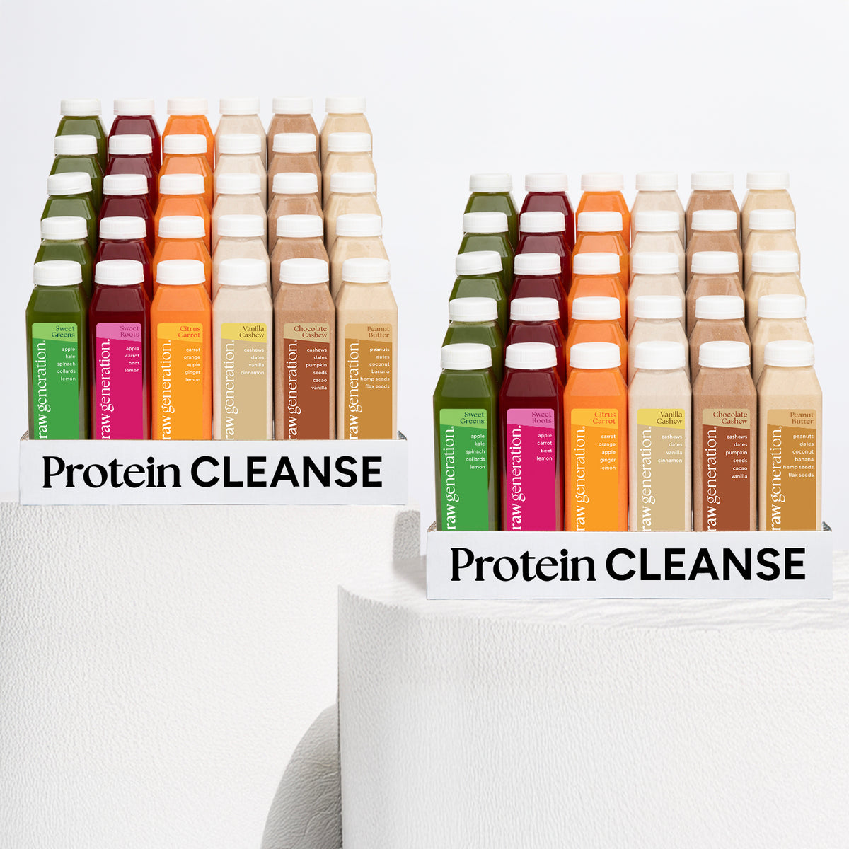 Cleanse for 2 trays with 24 protein smoothies, featuring flavors like Sweet Greens and Vanilla Cashew