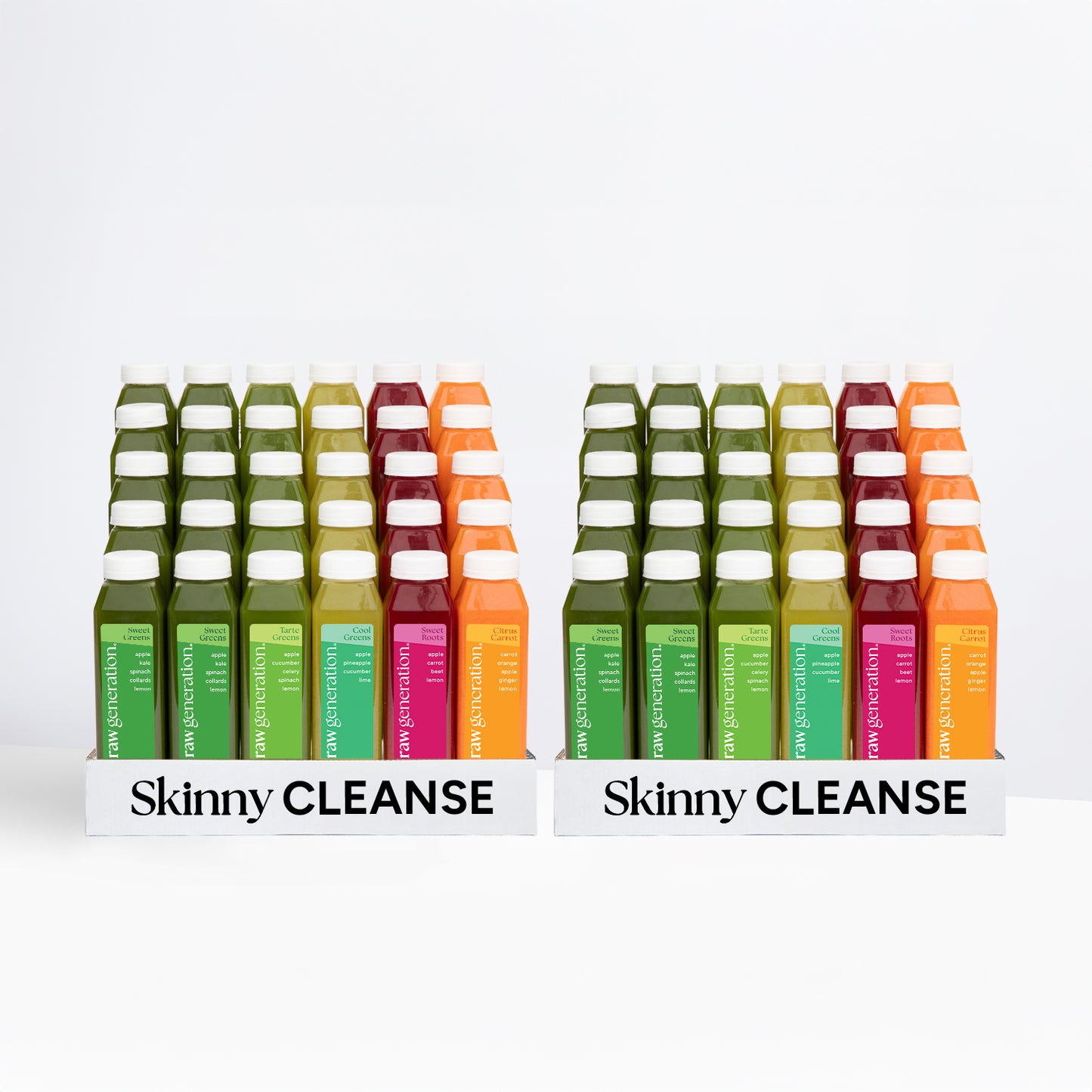 Skinny Cleanse® displays with colorful Raw Generation juices, promoting quick weight loss, detox, and diet reset. Features Sweet Greens, Tarte Greens, Cool Greens, Sweet Roots, Citrus Carrot.