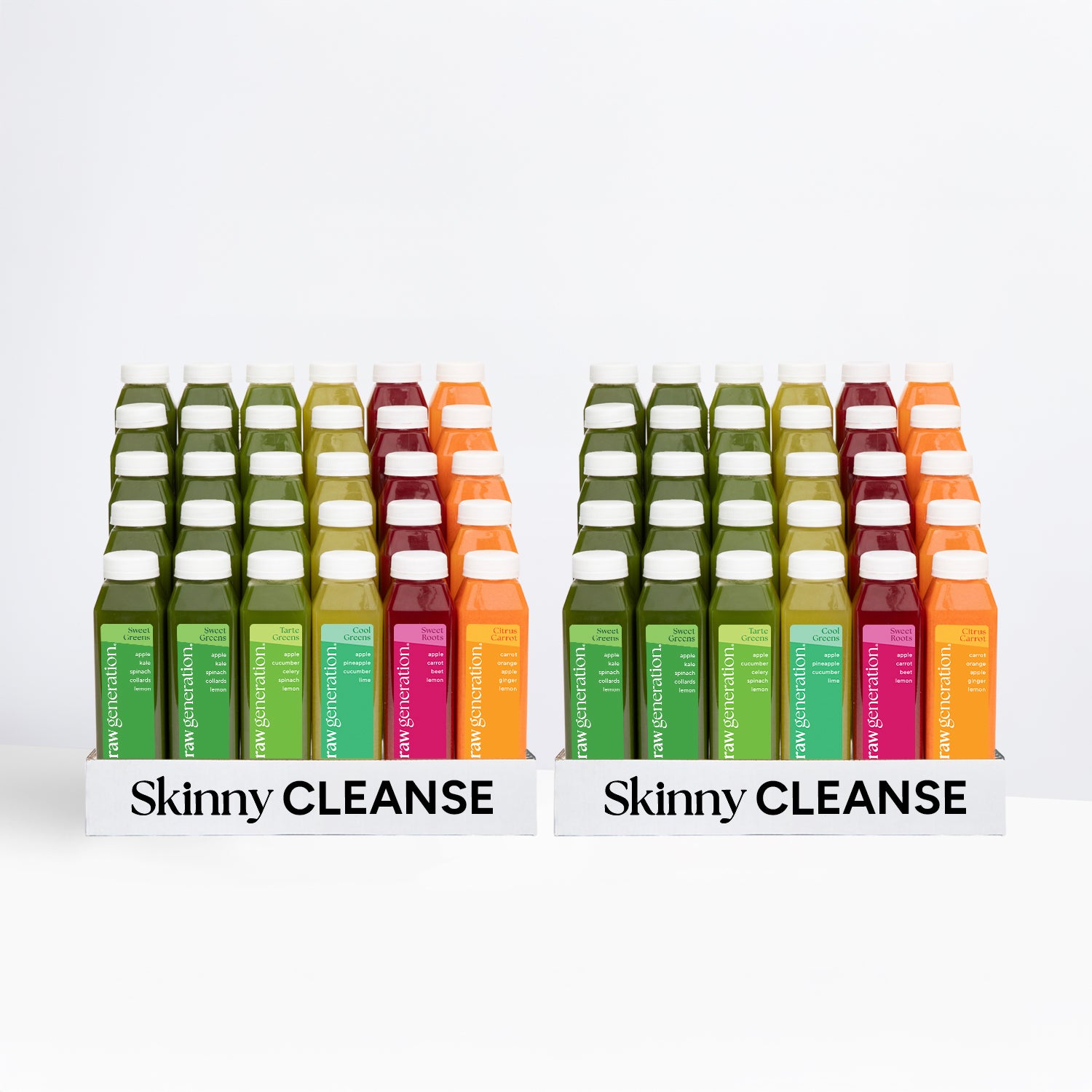 Skinny Cleanse® displays with colorful Raw Generation juices, promoting quick weight loss, detox, and diet reset. Features Sweet Greens, Tarte Greens, Cool Greens, Sweet Roots, Citrus Carrot.
