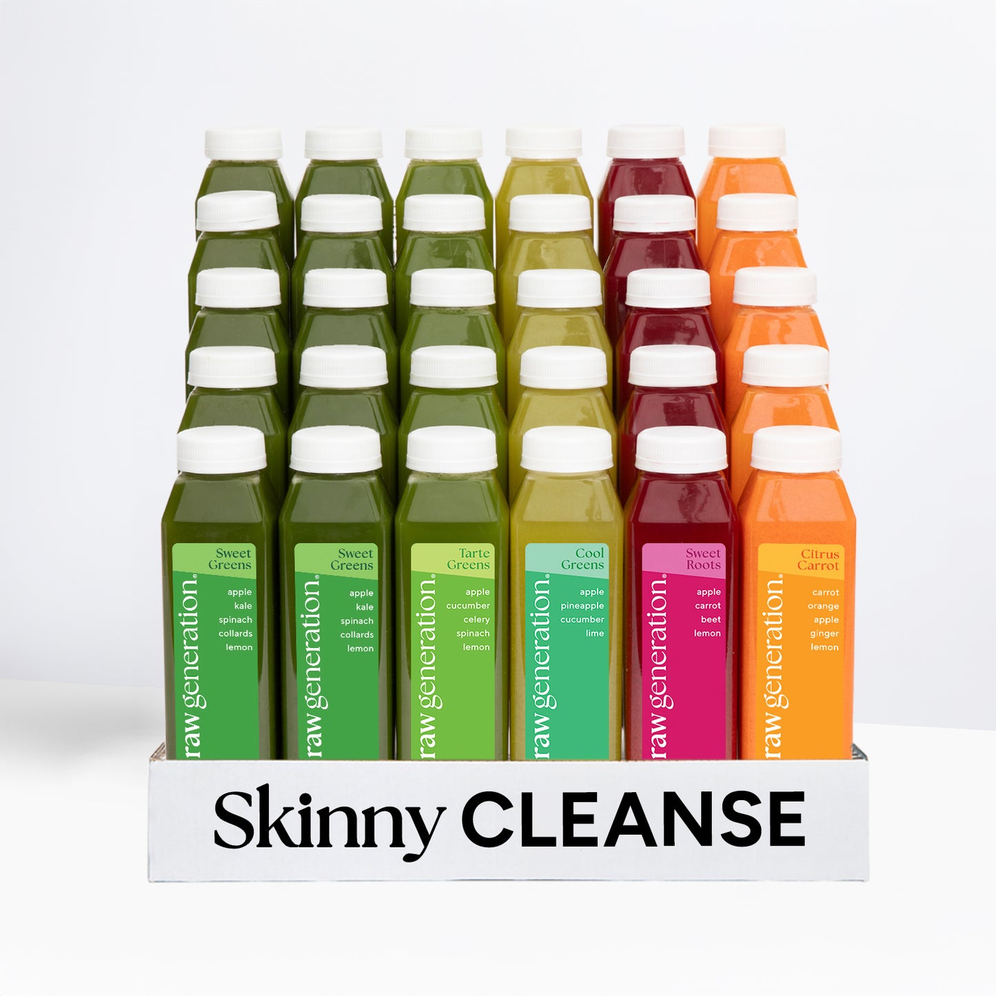 Skinny Cleanse® juice set with 24 bottles arranged by flavor in a tray, offering a nutrient-rich detox for weight loss and body reset.