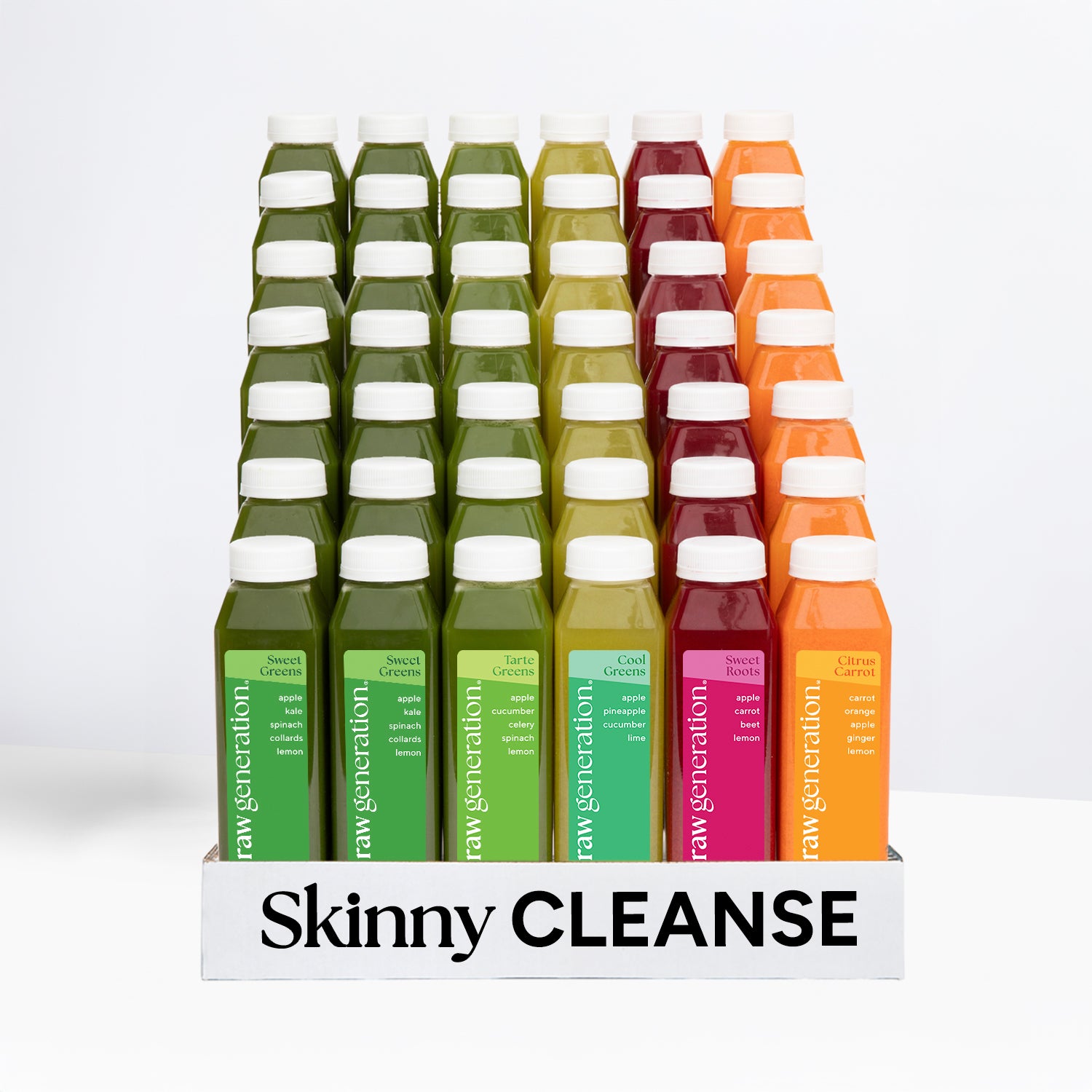 Display of 30 Skinny Cleanse® plastic juice bottles in a carton, featuring “Sweet Greens,” “Tarte Greens,” “Cool Greens,” “Sweet Roots,” and “Citrus Carrot” varieties.